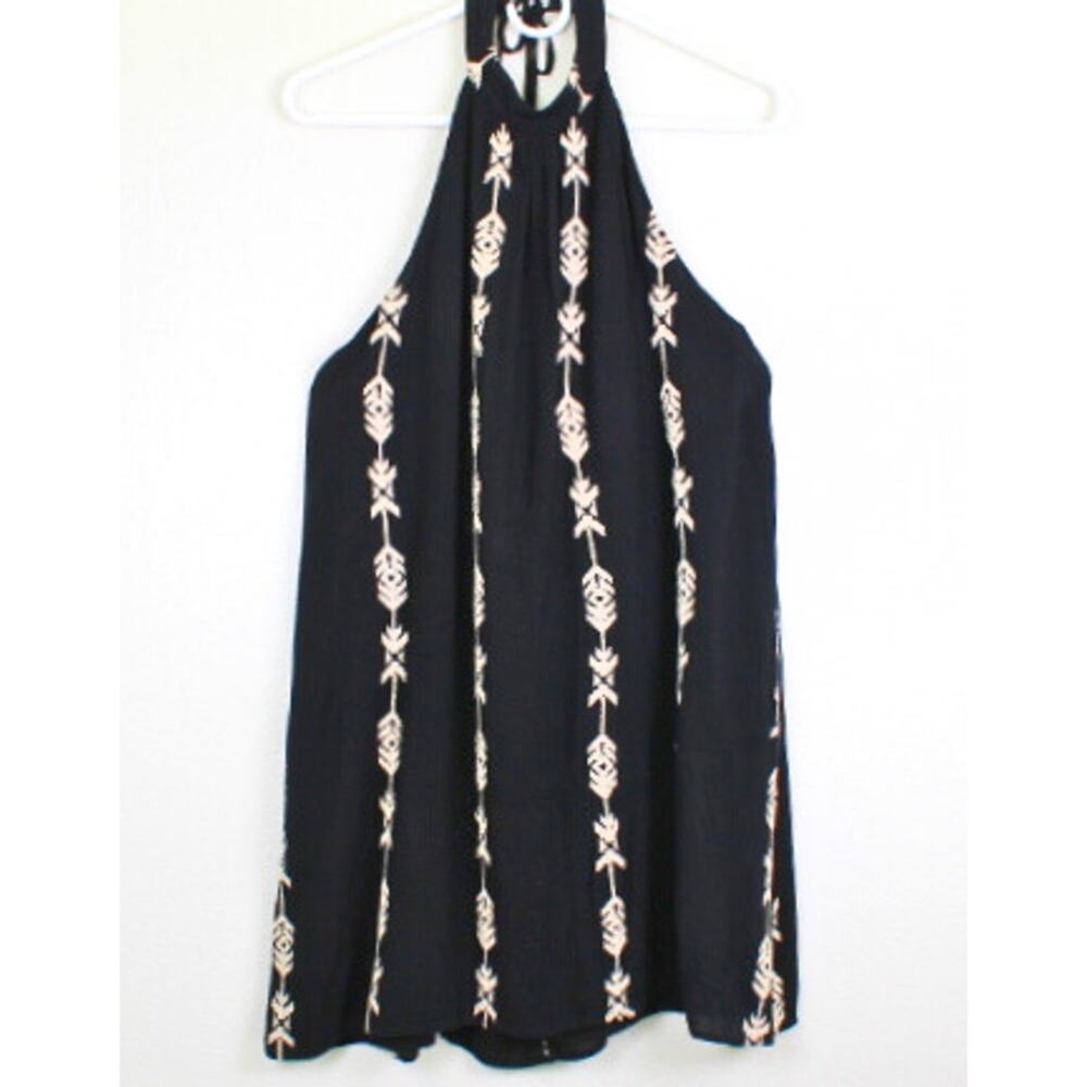 Lush Boho Halter Dress Sz Med Black Embroidered Shift Festival Cowgirl Flowy LBD - Picture 2 of 8